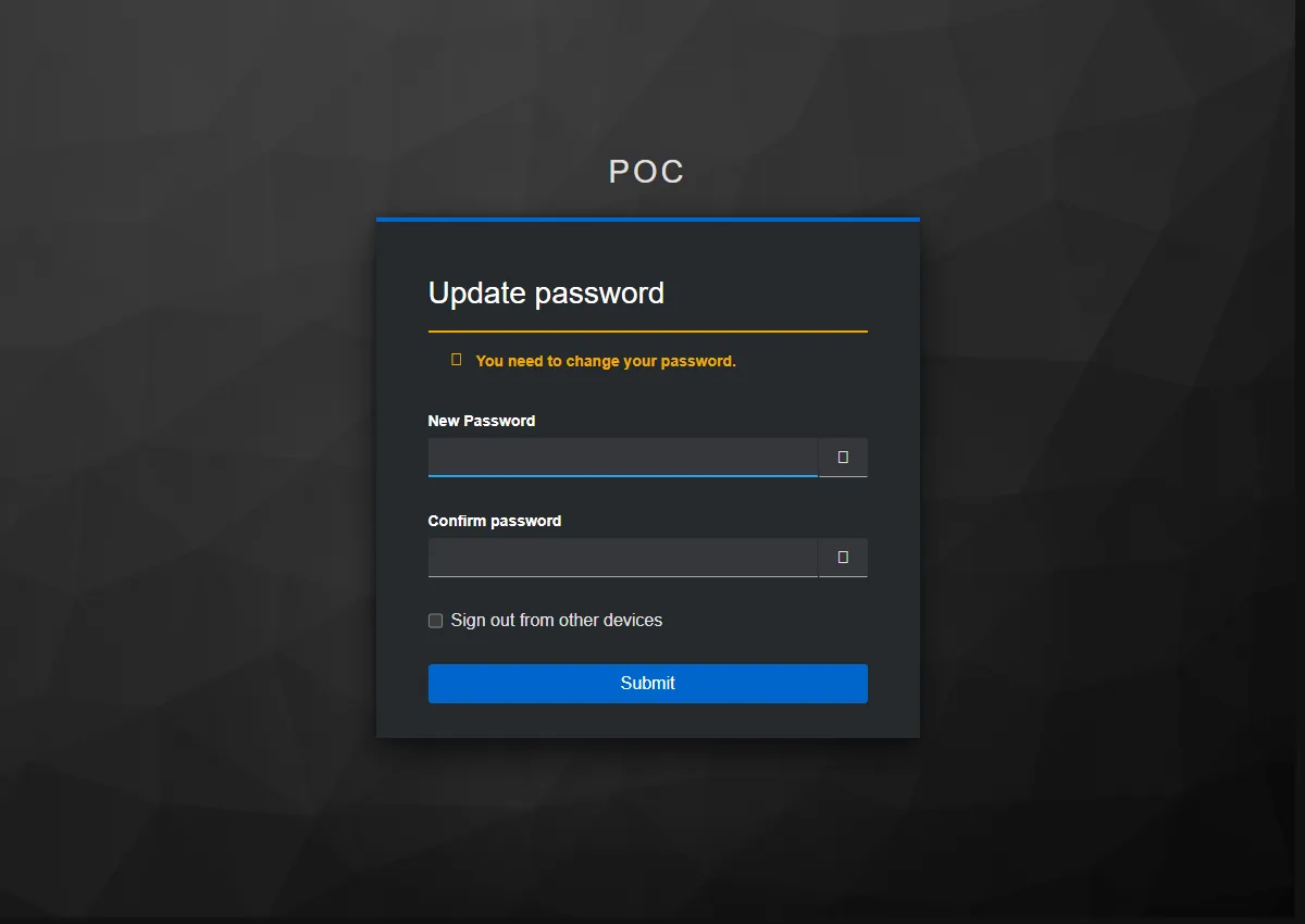 The update-password form, reached with no action token