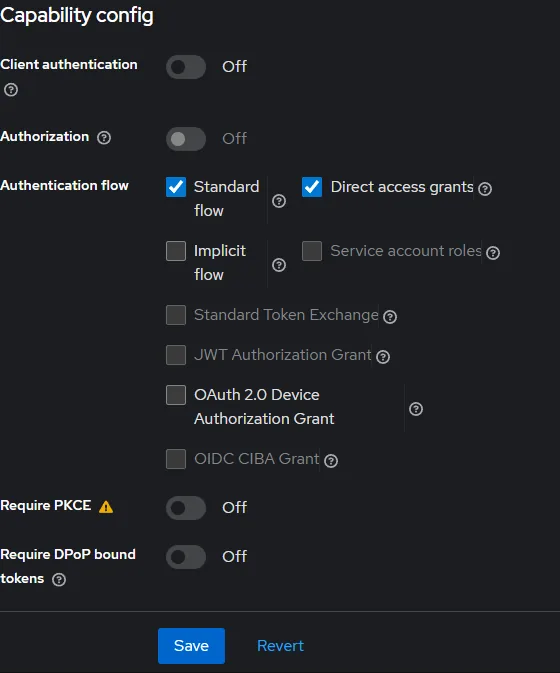 poc-client capability config: Standard flow and Direct access grants are on