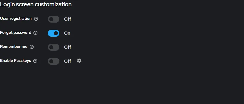 Realm settings, Login tab: Forgot password is on
