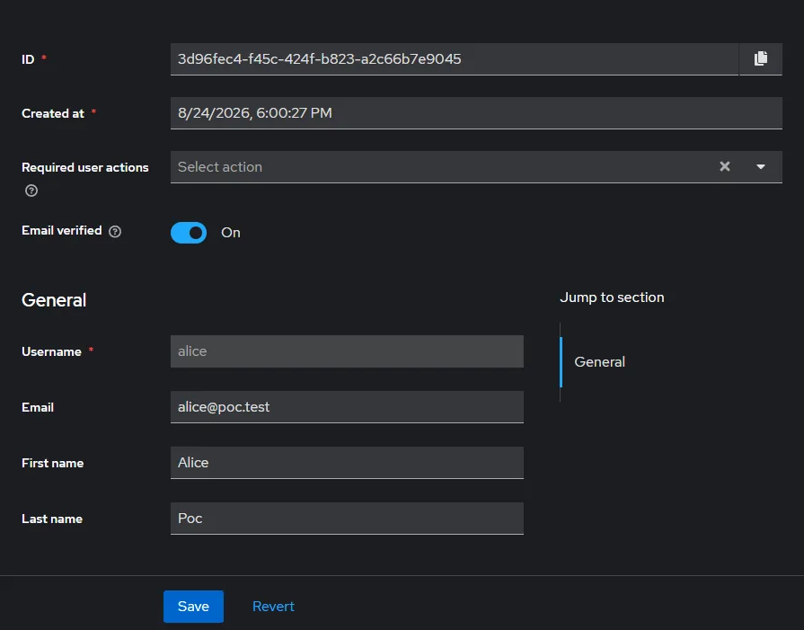 alice user details: email alice@poc.test, email verified on